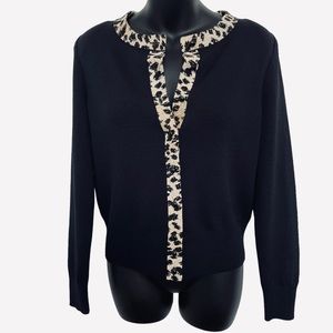St John Black Santana Knit Round Neck Cardigan/Sweater Leopard Print Trim Size 6